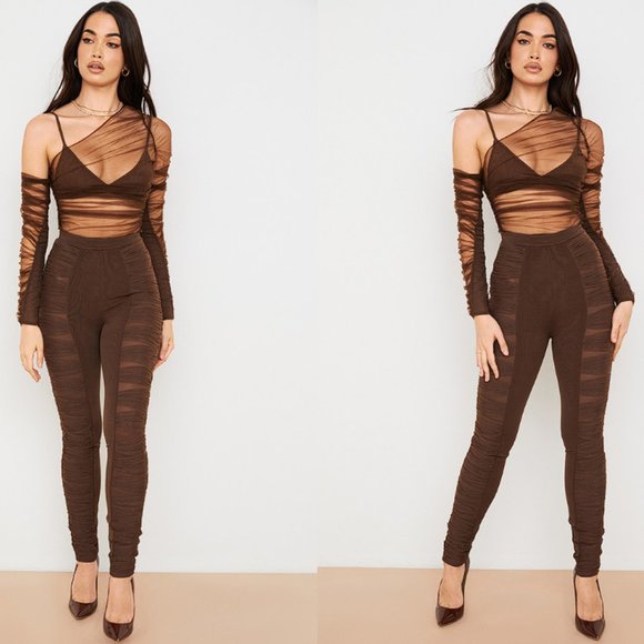 HOUSE OF CB 'Isolde' Chocolate Layered Mesh Trousers NWOT - Picture 2 of 5